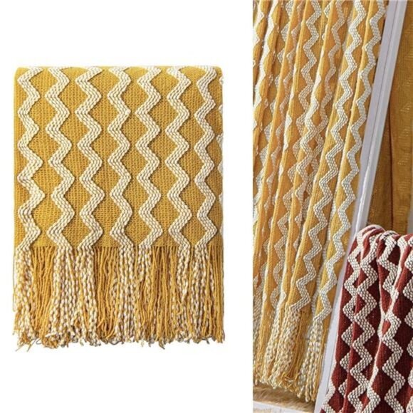 NEW Anthro Yellow Zig Zag Boho Tassel Chunky Knit Woven Throw Blanket 50" x 68" - Picture 1 of 10